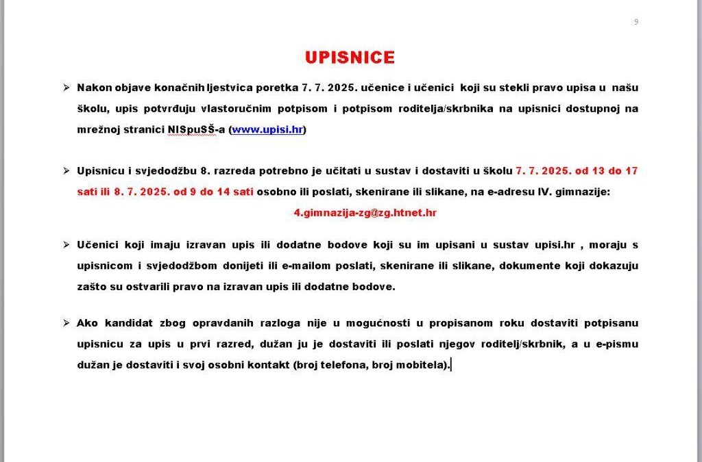 NATJEČAJ ZA UPIS UČENIKA U I. RAZRED SREDNJE ŠKOLE U ŠKOLSKOJ GODINI 2025./2026.